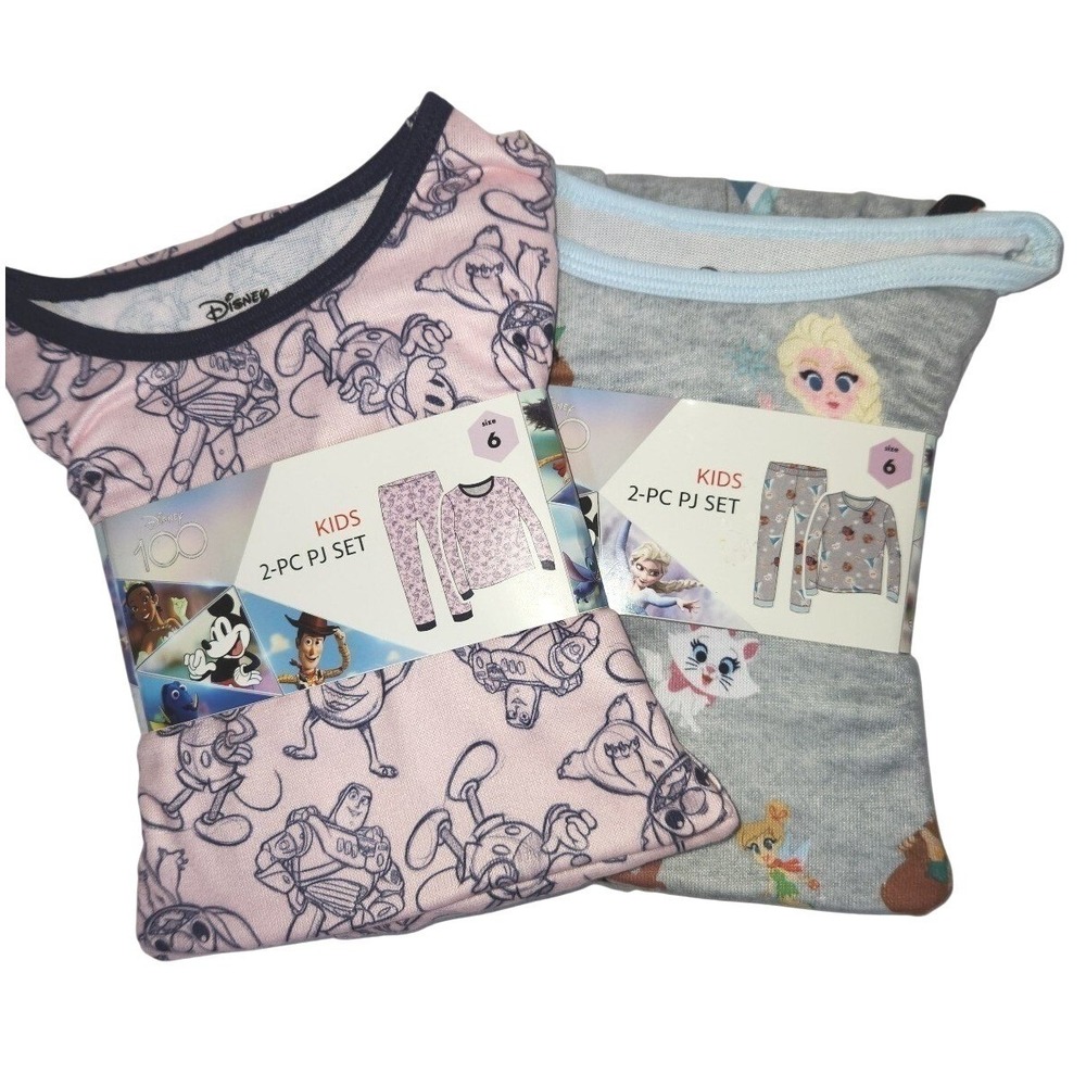 Disney 100 Kids 2-Piece Pajama Set Bundle Pink Grey Mickey Elsa Stitch Size 6